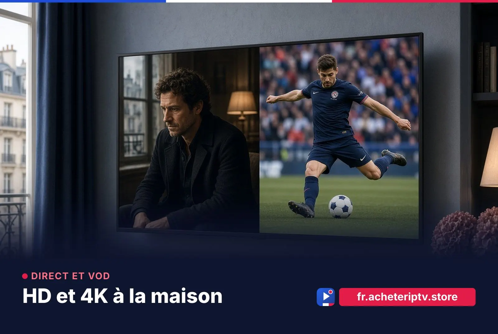 Direct et VOD HD/4K sur fr.acheteriptv.store, téléviseur dans un salon français